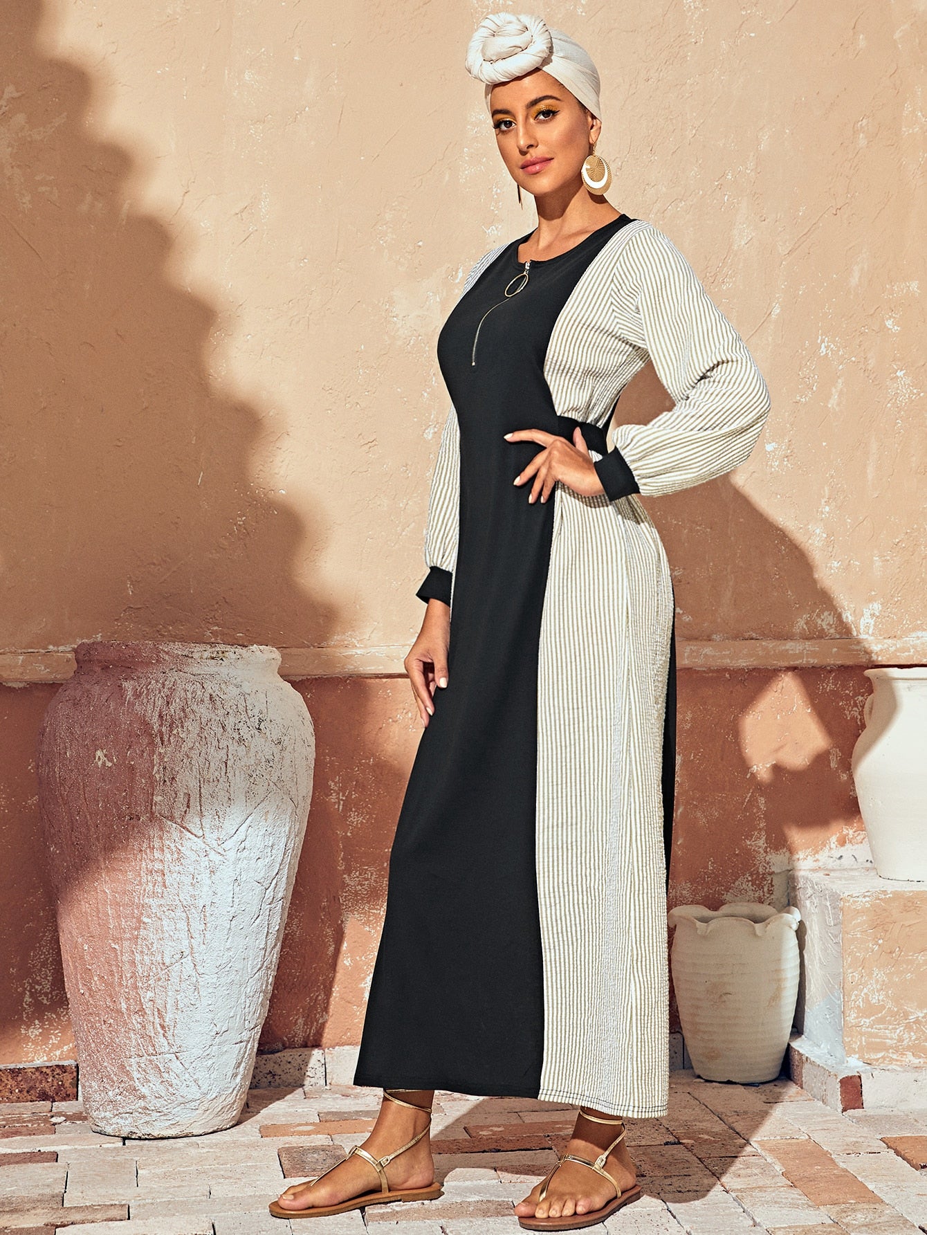 O-ring Quarter Zip Stripe Maxi Dress