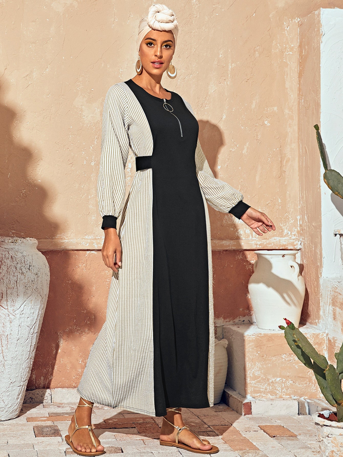 O-ring Quarter Zip Stripe Maxi Dress