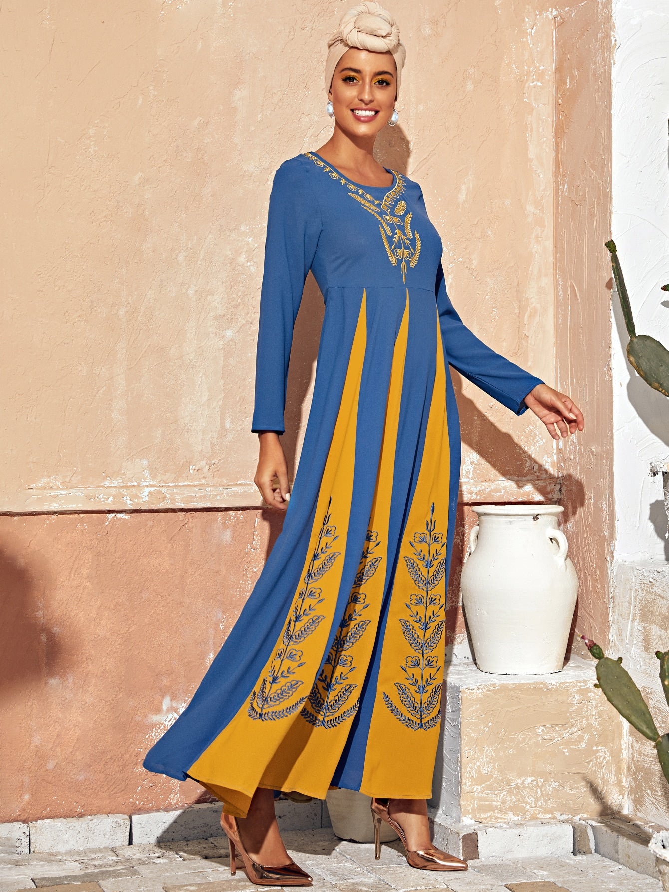 Tribal Embroidery Godet Maxi Dress