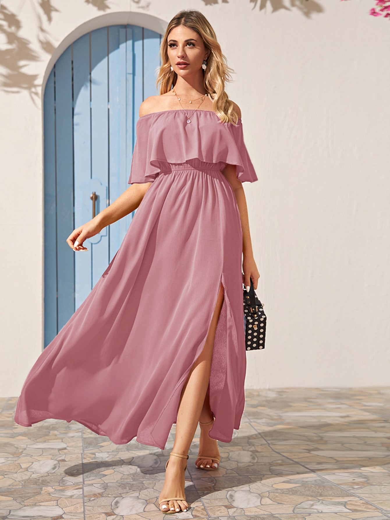 Off Shoulder Ruffle Trim Split Hem Dress