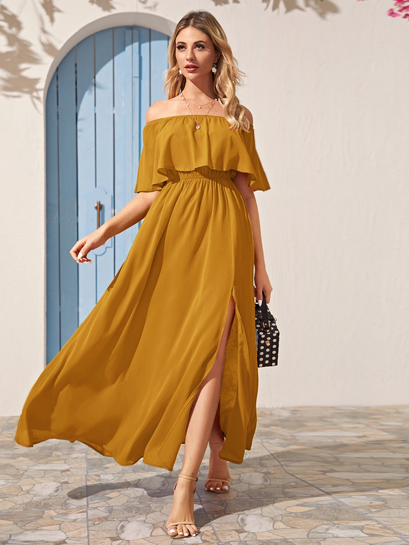Off Shoulder Ruffle Trim Split Hem Dress