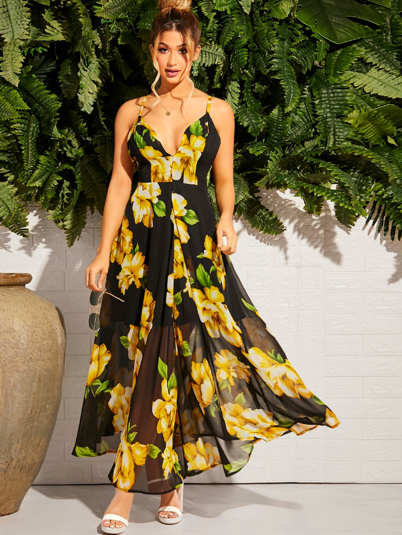 Crisscross Back Floral Print Slip Dress