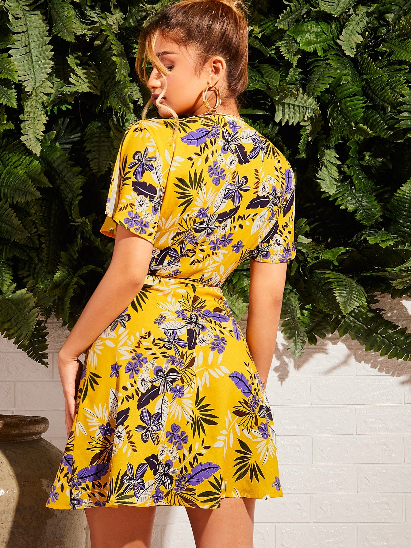 Split Sleeve Surplice Wrap Belted Botanical Print Dress