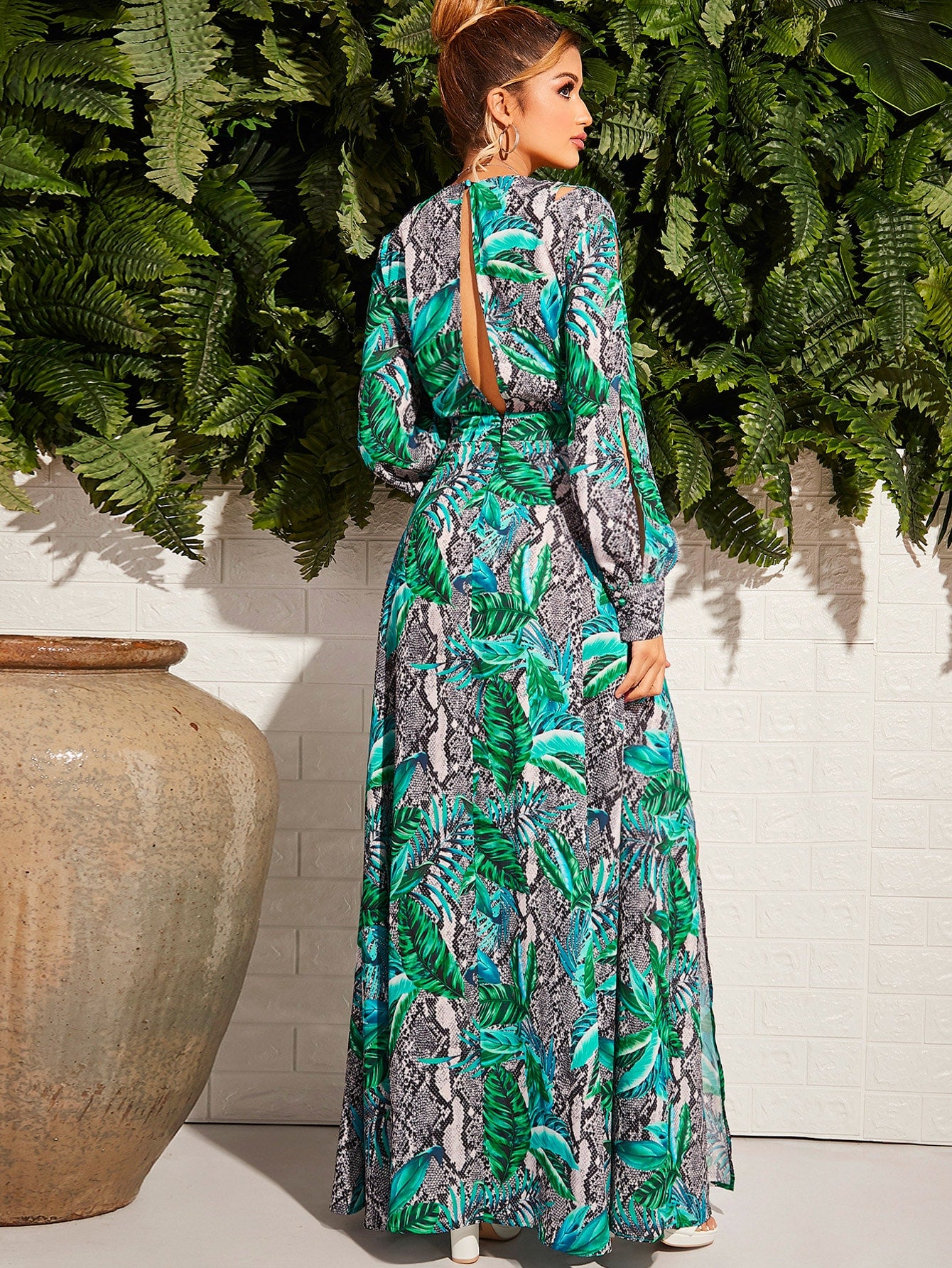 Split Sleeve and Back Mixed Print Dress