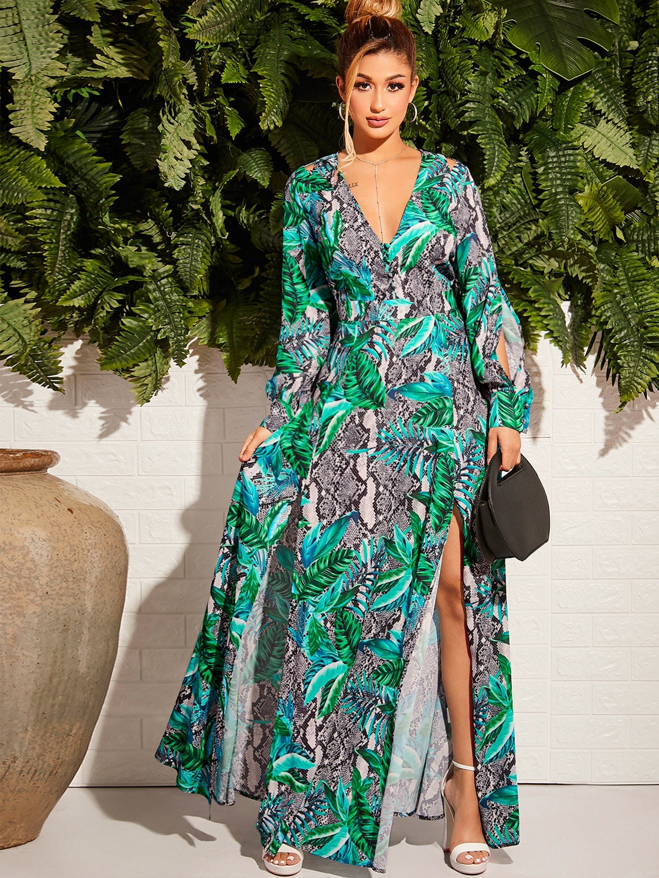 Split Sleeve and Back Mixed Print Dress