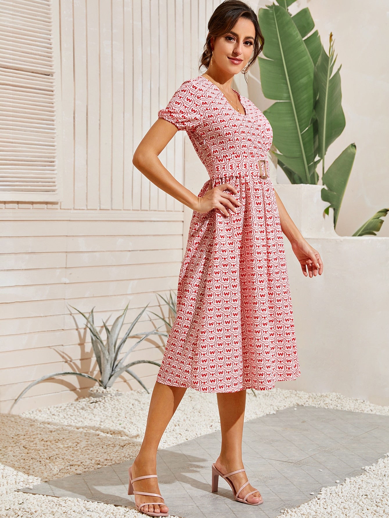 Allover Letter Graphic Belted Dress