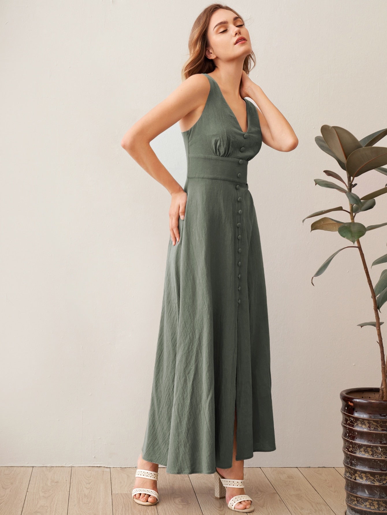 V-neck Button Front Dress