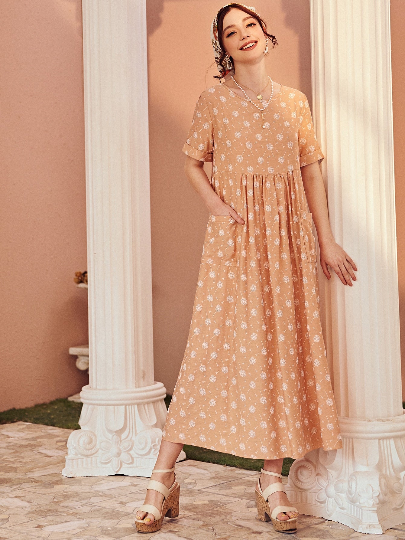 Roll Up Sleeve Pocket Detail Dress