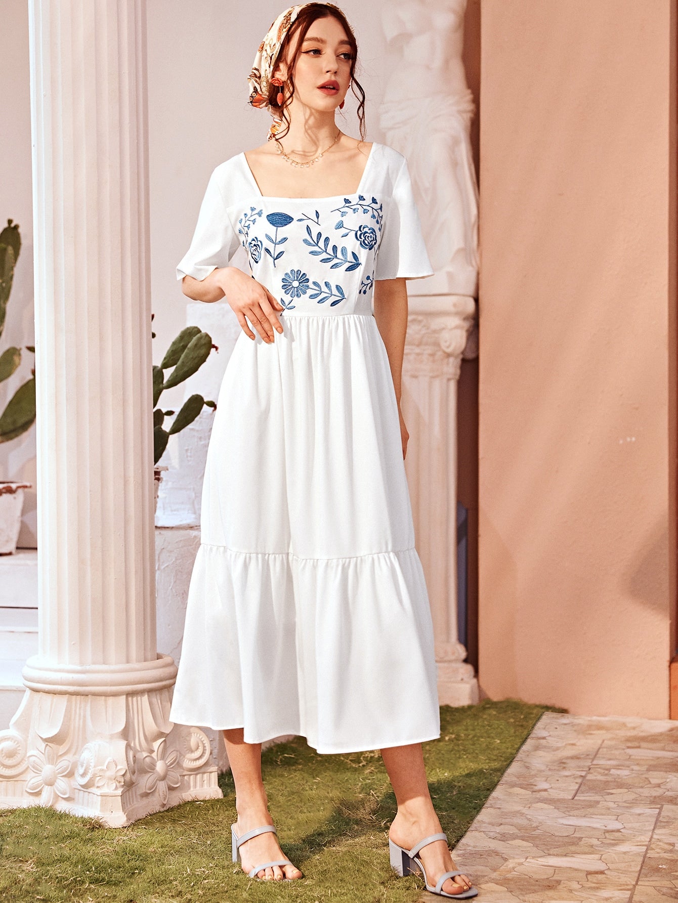 Floral Embroidered Ruffle Hem Dress