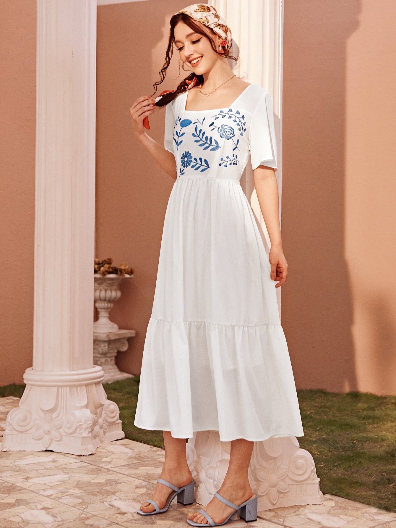 Floral Embroidered Ruffle Hem Dress