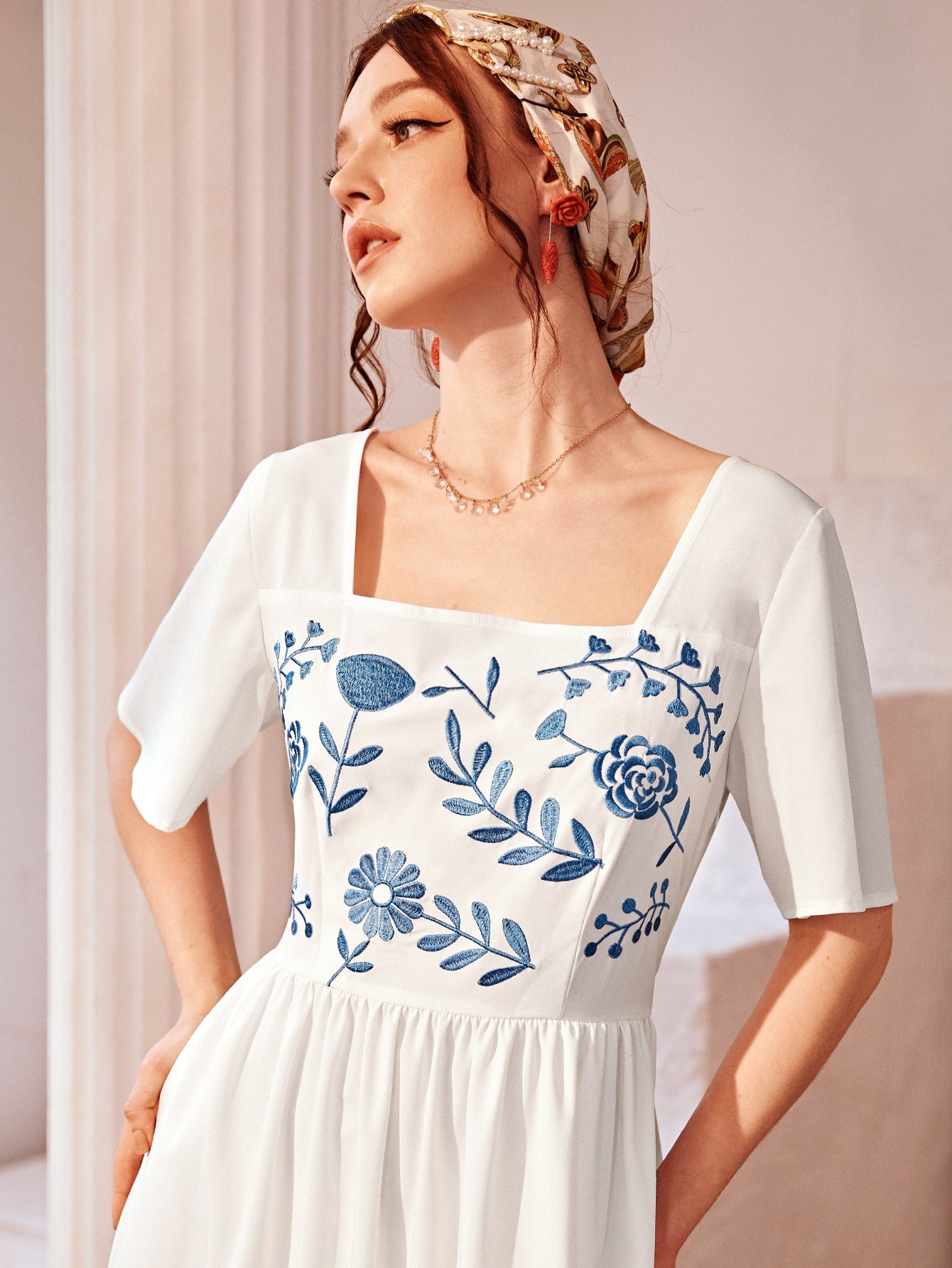 Floral Embroidered Ruffle Hem Dress