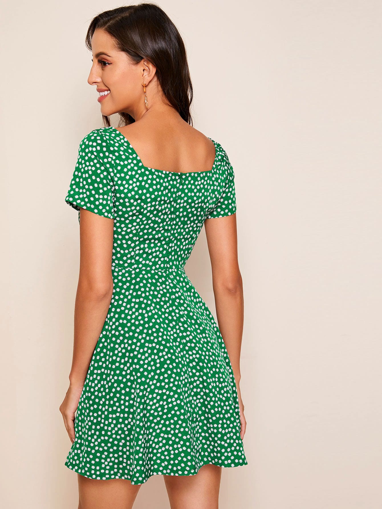 Square Neck Button Detail Ditsy Floral Dress