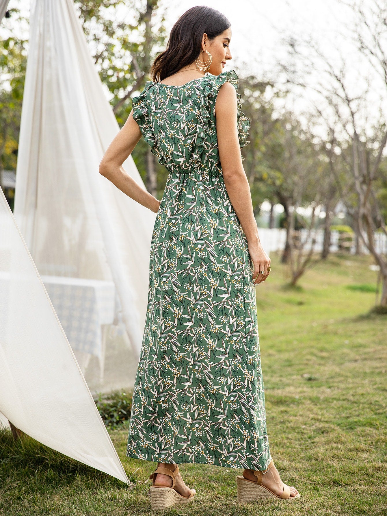 Floral Print Square Neck Split Thigh Dress