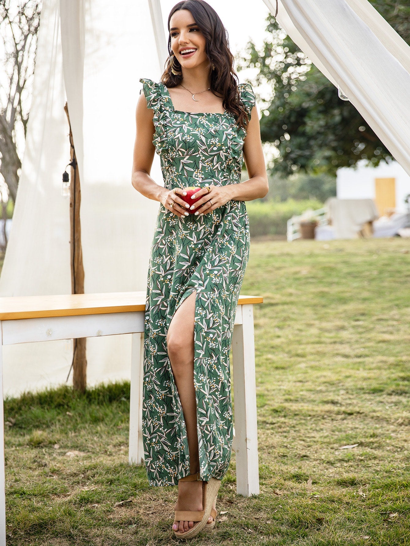 Floral Print Square Neck Split Thigh Dress