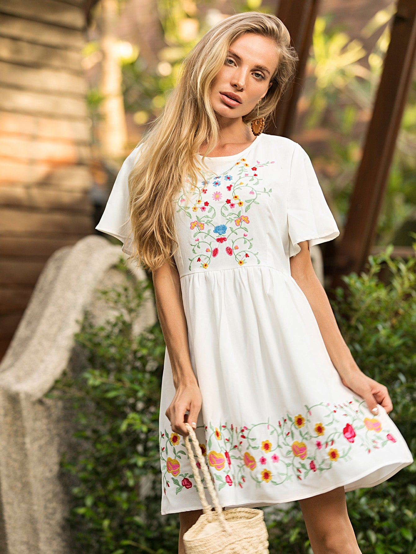 Plants Embroidered A-Line Dress