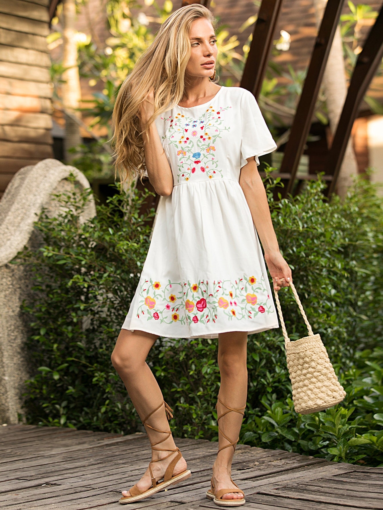 Plants Embroidered A-Line Dress