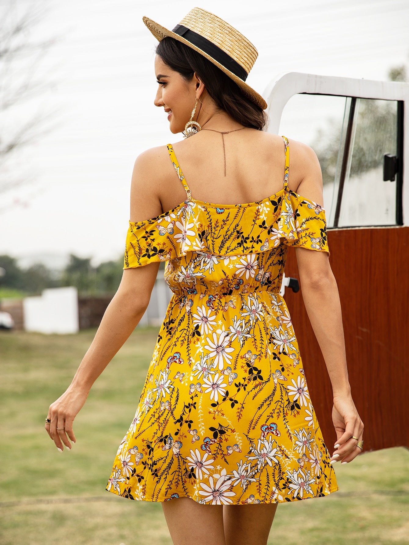Floral Cold Shoulder Ruffle Trim Dress