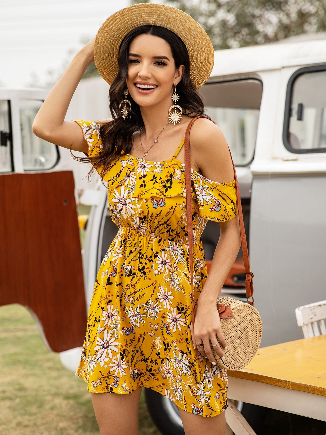 Floral Cold Shoulder Ruffle Trim Dress