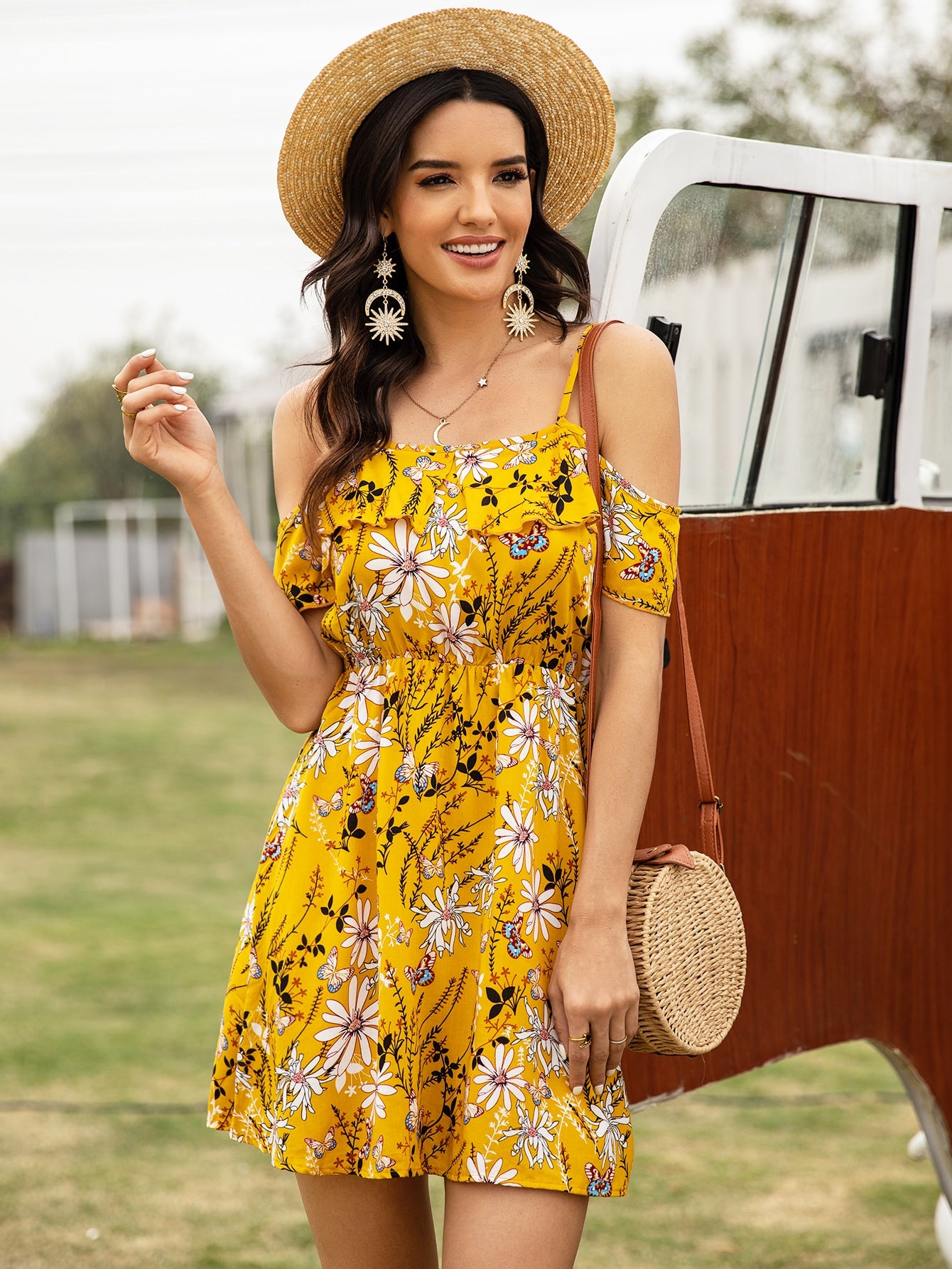 Floral Cold Shoulder Ruffle Trim Dress