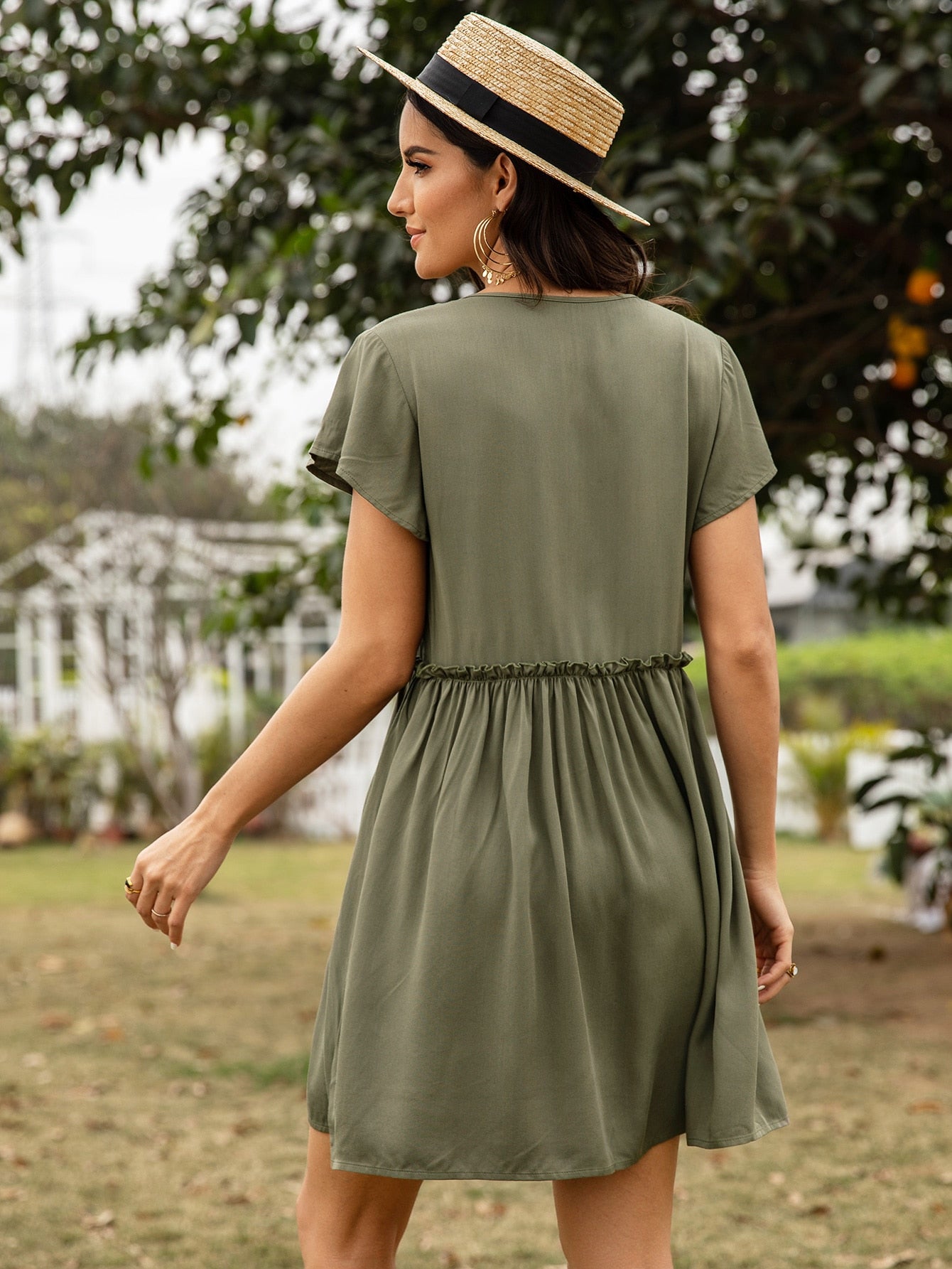 Button Front Frill Trim Babydoll Dress