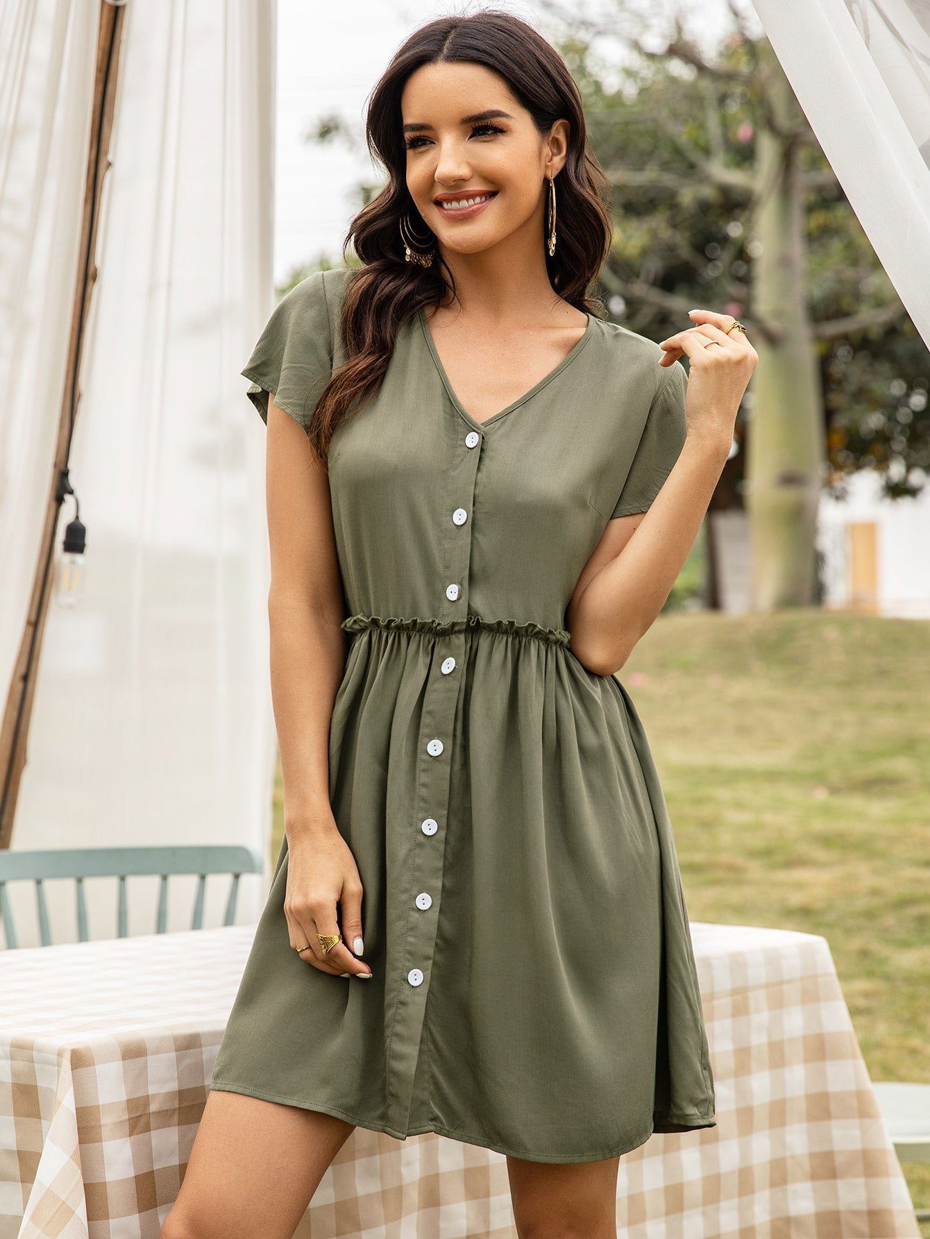 Button Front Frill Trim Babydoll Dress