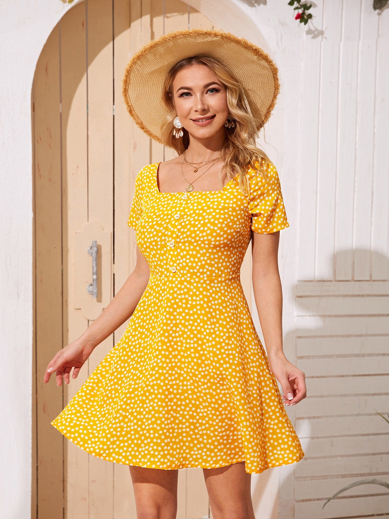 Square Neck Button Detail Ditsy Floral Dress