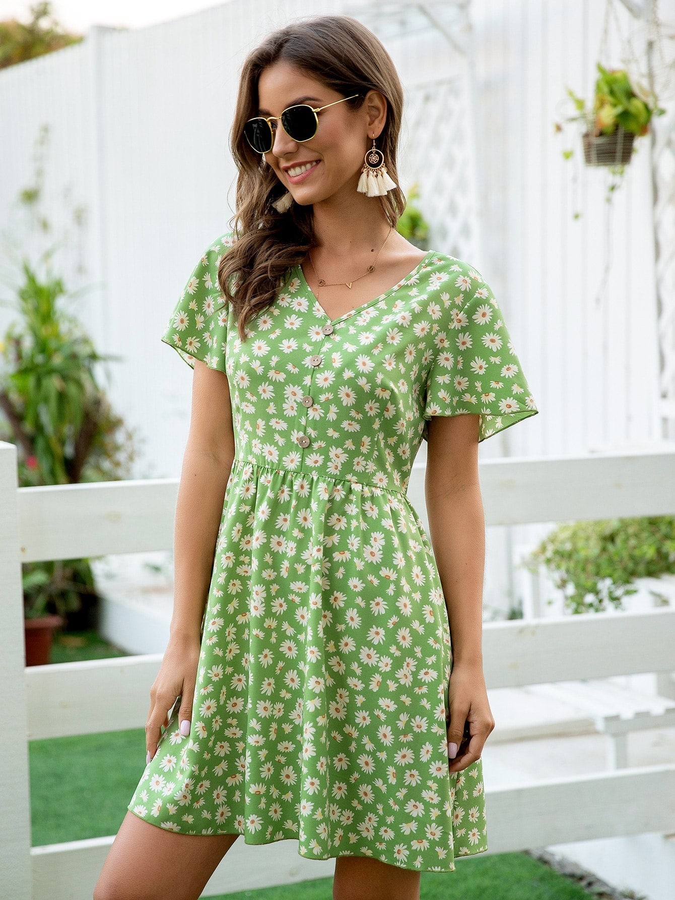 Daisy Floral Half Button A-line Dress