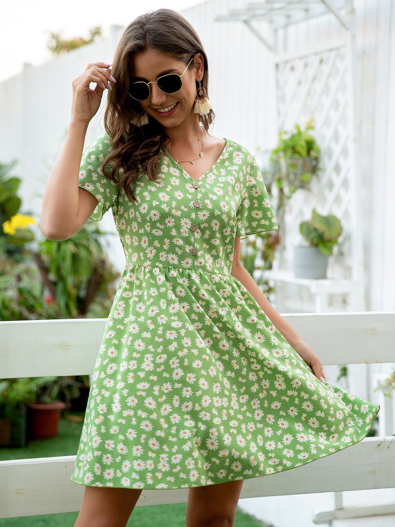Daisy Floral Half Button A-line Dress