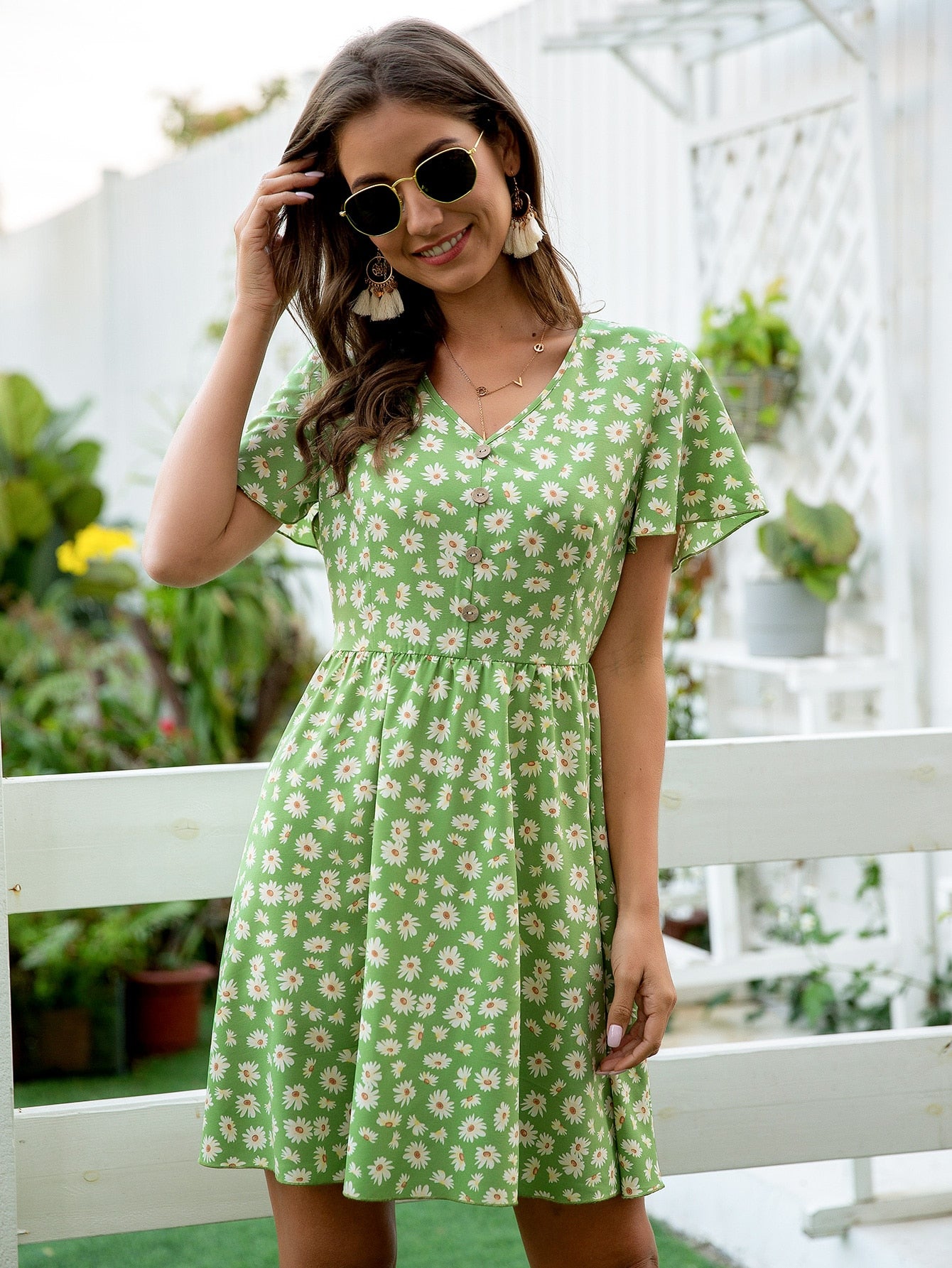 Daisy Floral Half Button A-line Dress