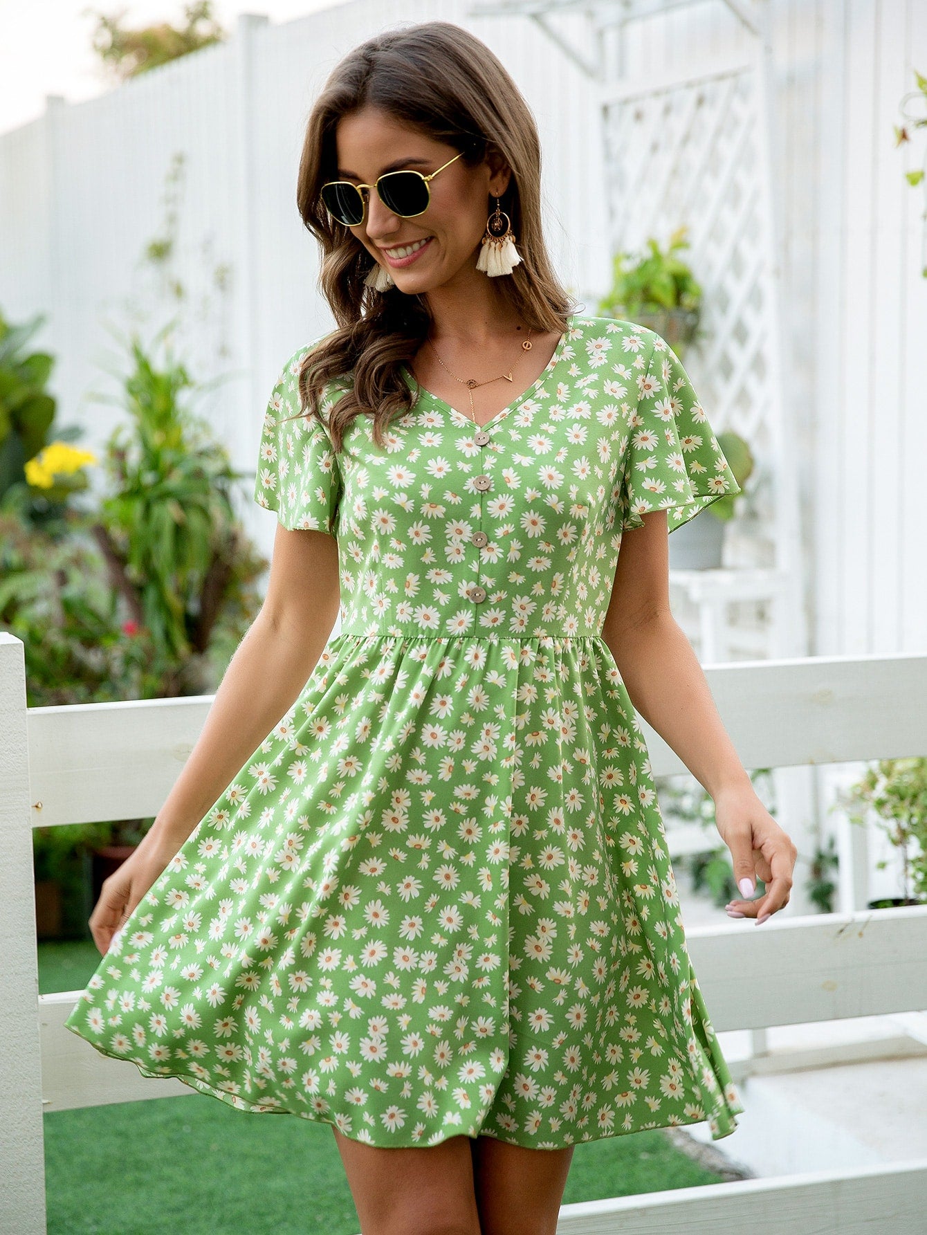 Daisy Floral Half Button A-line Dress