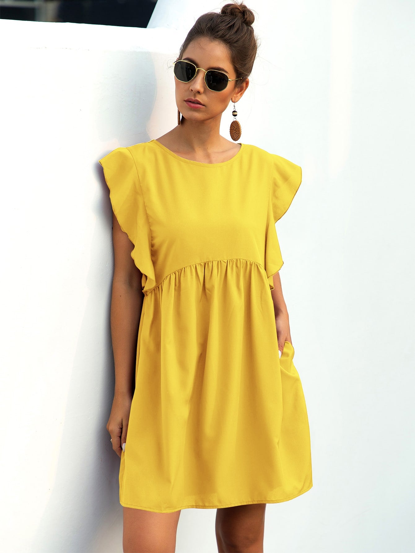 Ruffle Trim Pocket Smock Dress