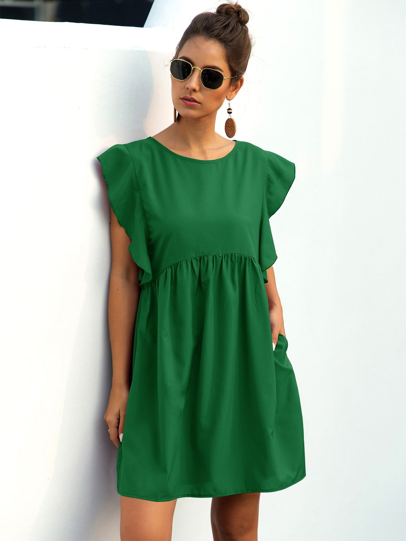 Ruffle Trim Pocket Smock Dress