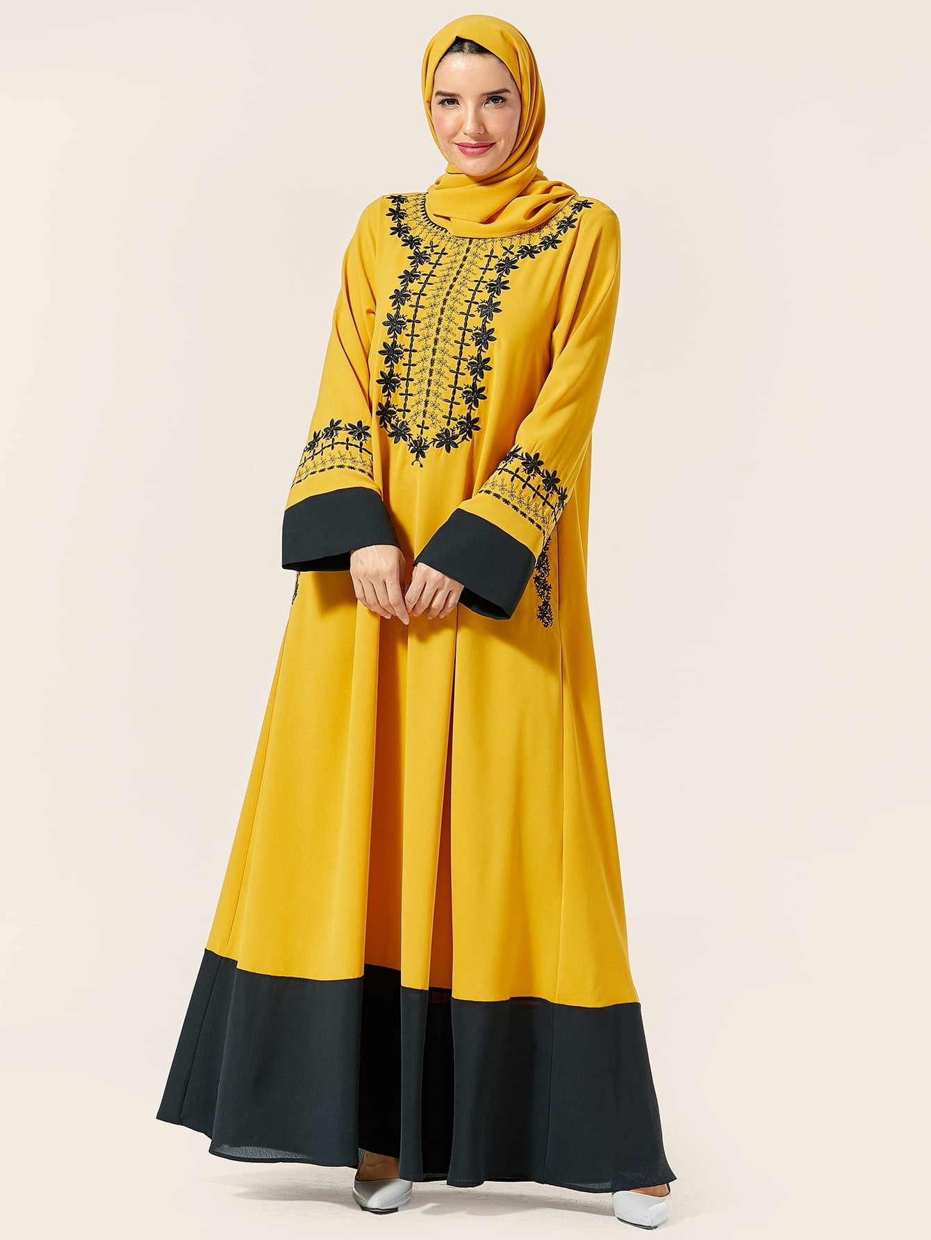 Tribal Embroidery Color Block Maxi Dress Without Scarf