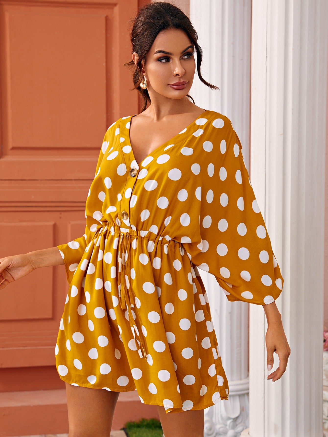 Polka Dot Drawstring Waist V-neck Dress