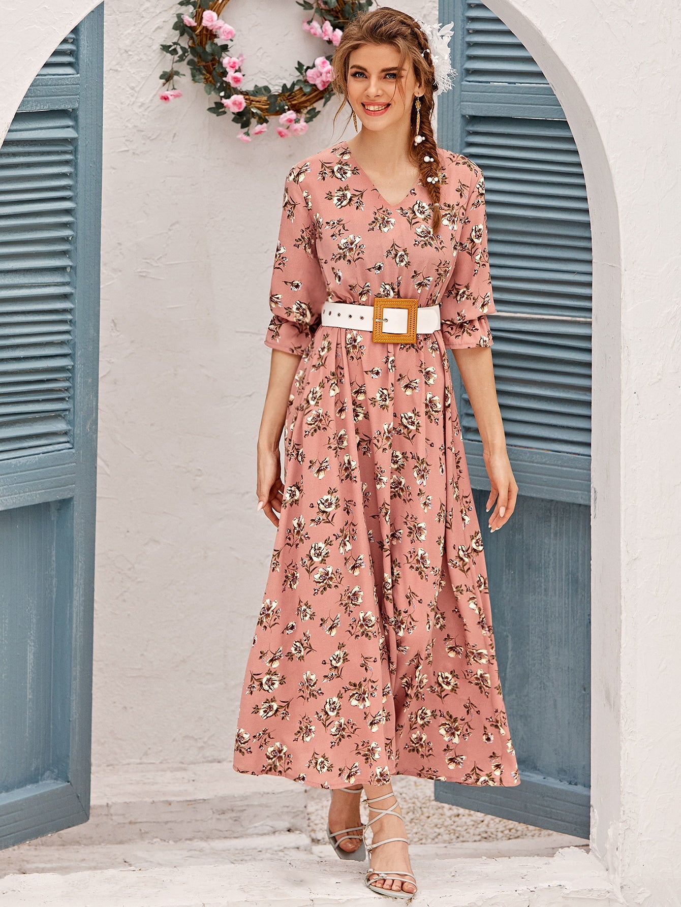 Flounce Sleeve Floral Long Dress Without Belt