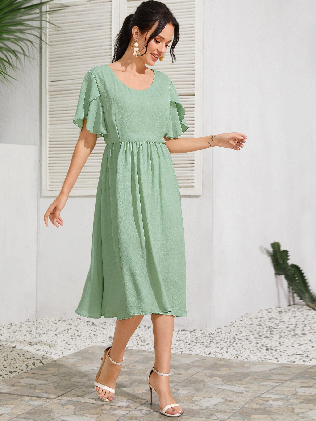 Solid Petal Sleeve A-Line Dress