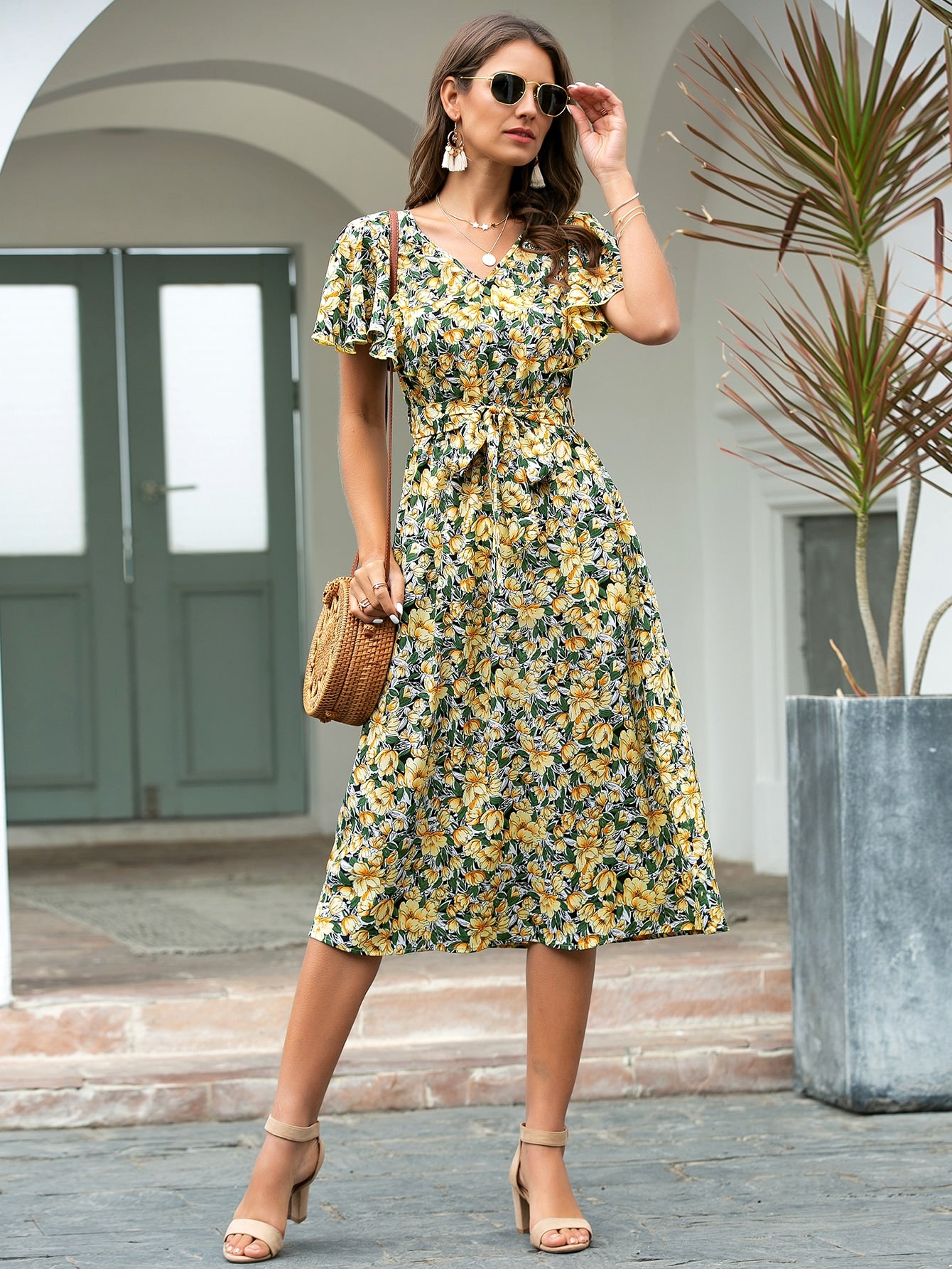 Floral Print Flutter Sleeve Belted Dress