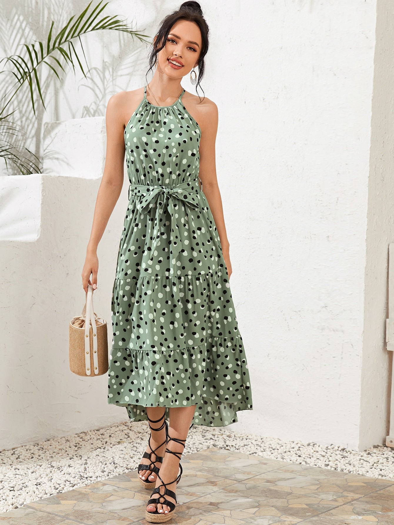 High Low Polka Dot Print Belted Halter Dress