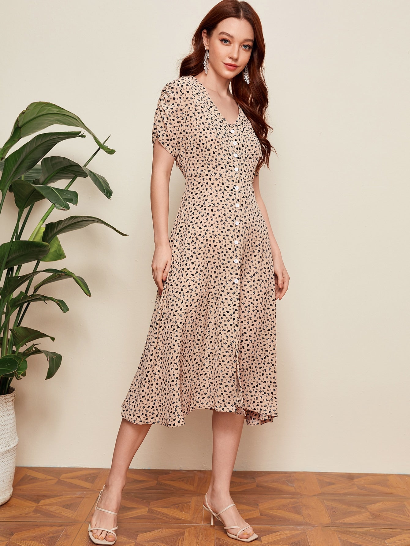 Ditsy Floral Button Through Tea Dress