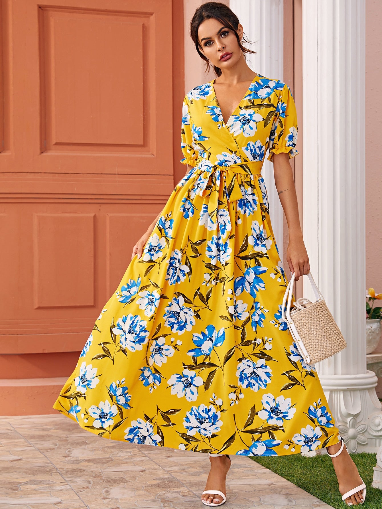 Floral Print Surplice Front Belted Dress
