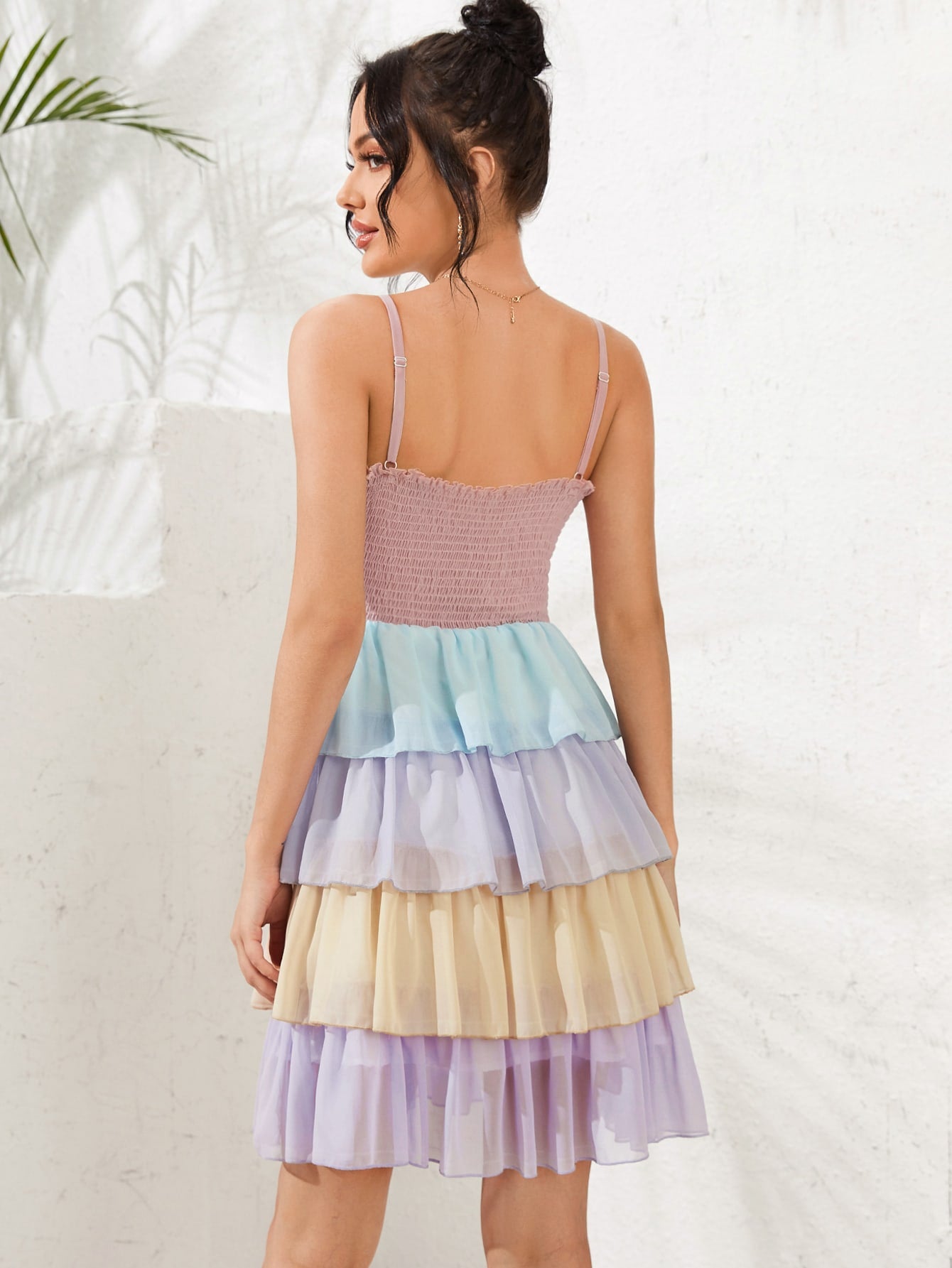 Colorblock Shirred Bodice Tiered Layer Chiffon Cami Dress