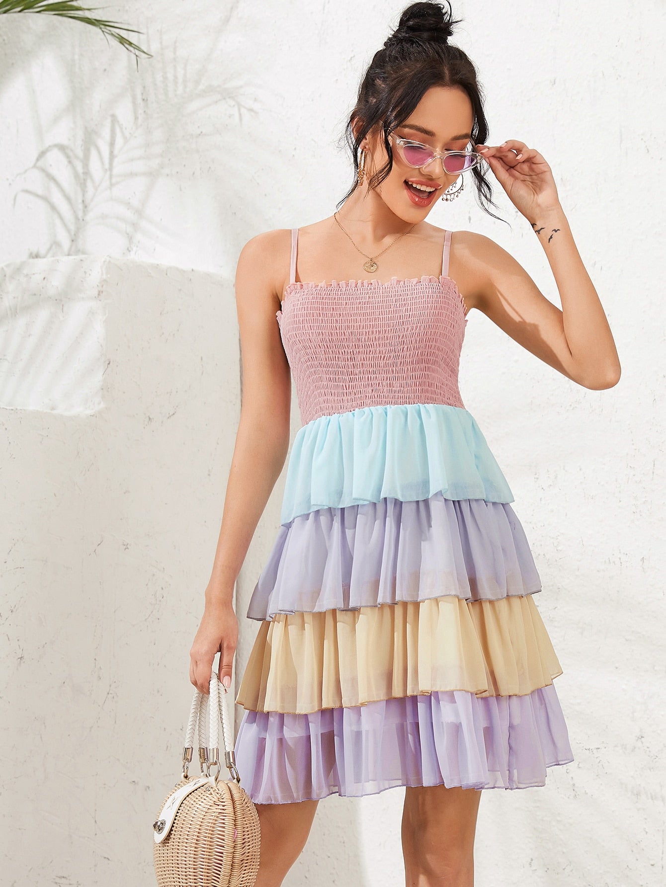 Colorblock Shirred Bodice Tiered Layer Chiffon Cami Dress