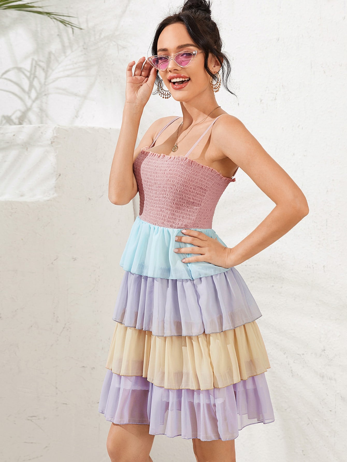 Colorblock Shirred Bodice Tiered Layer Chiffon Cami Dress