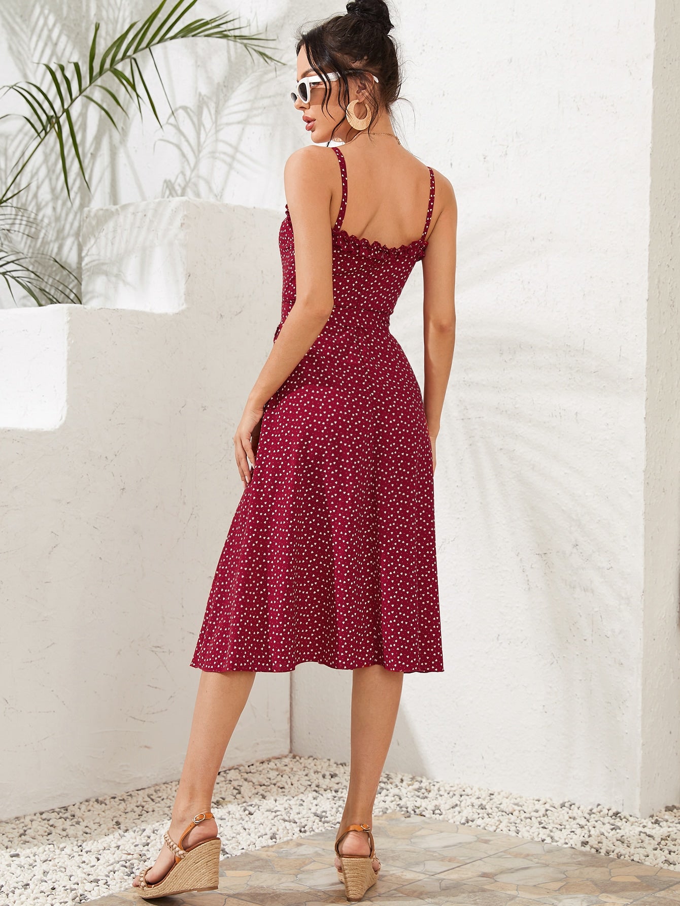 Confetti Heart Print Frill Belted Cami Dress