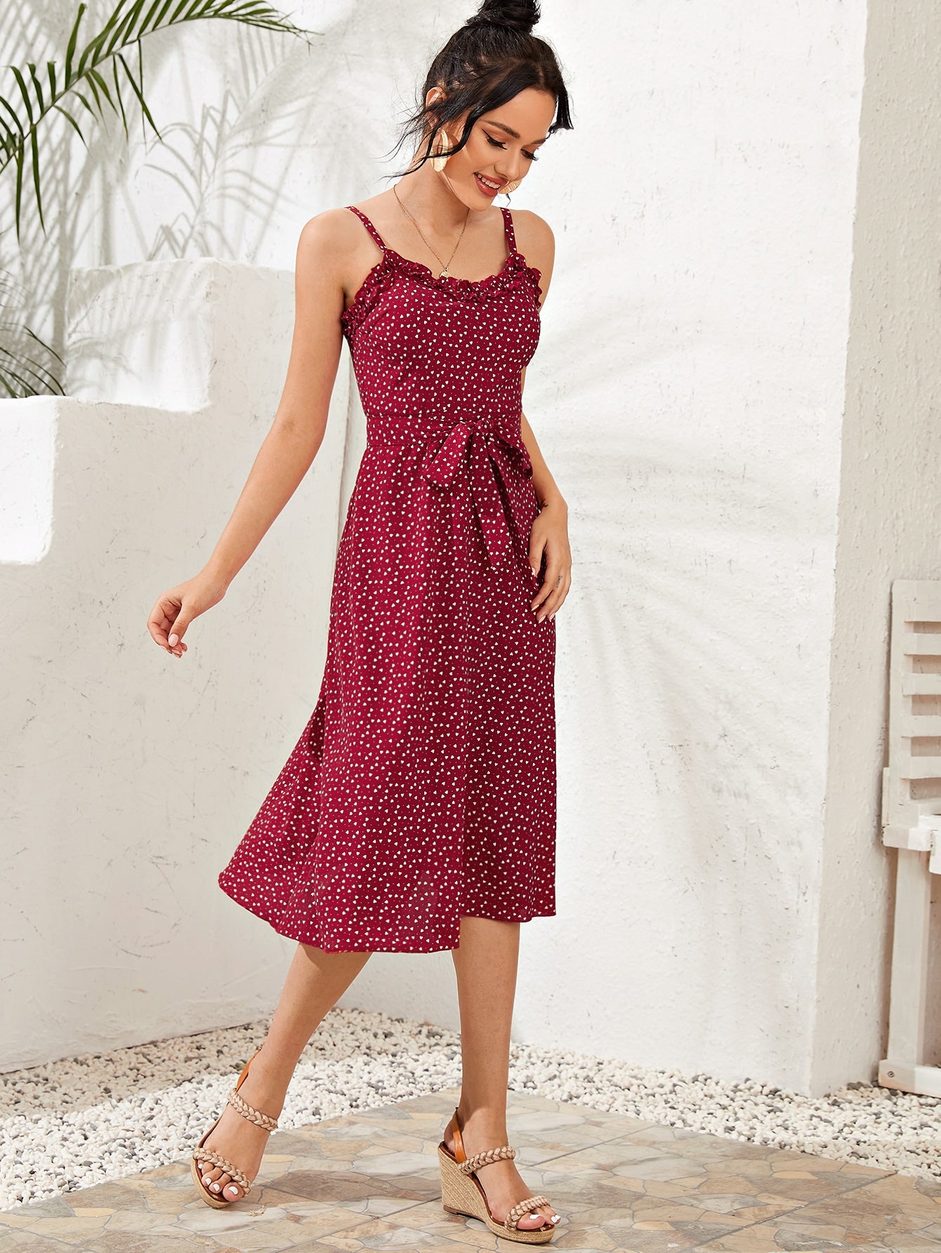 Confetti Heart Print Frill Belted Cami Dress