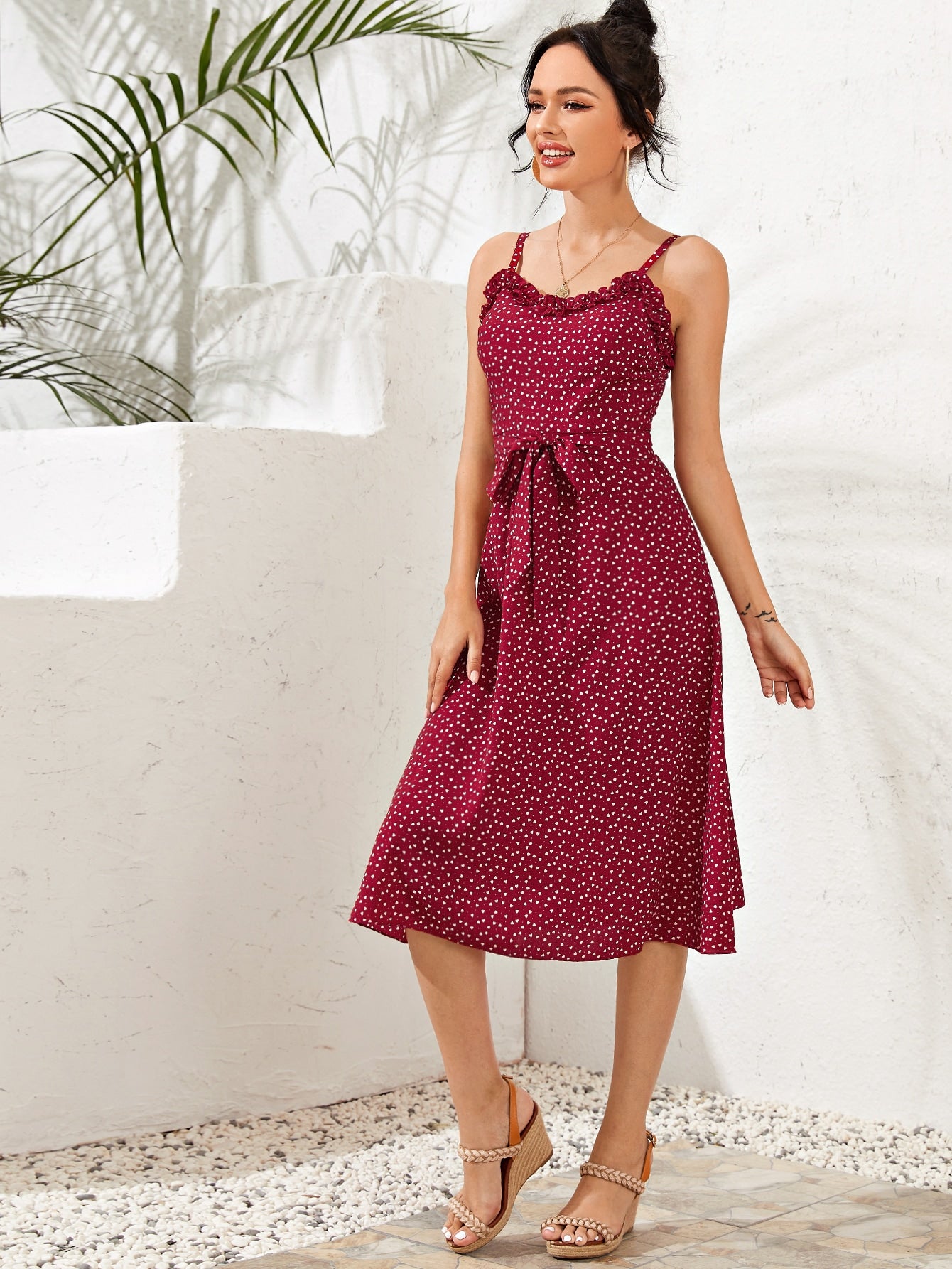 Confetti Heart Print Frill Belted Cami Dress