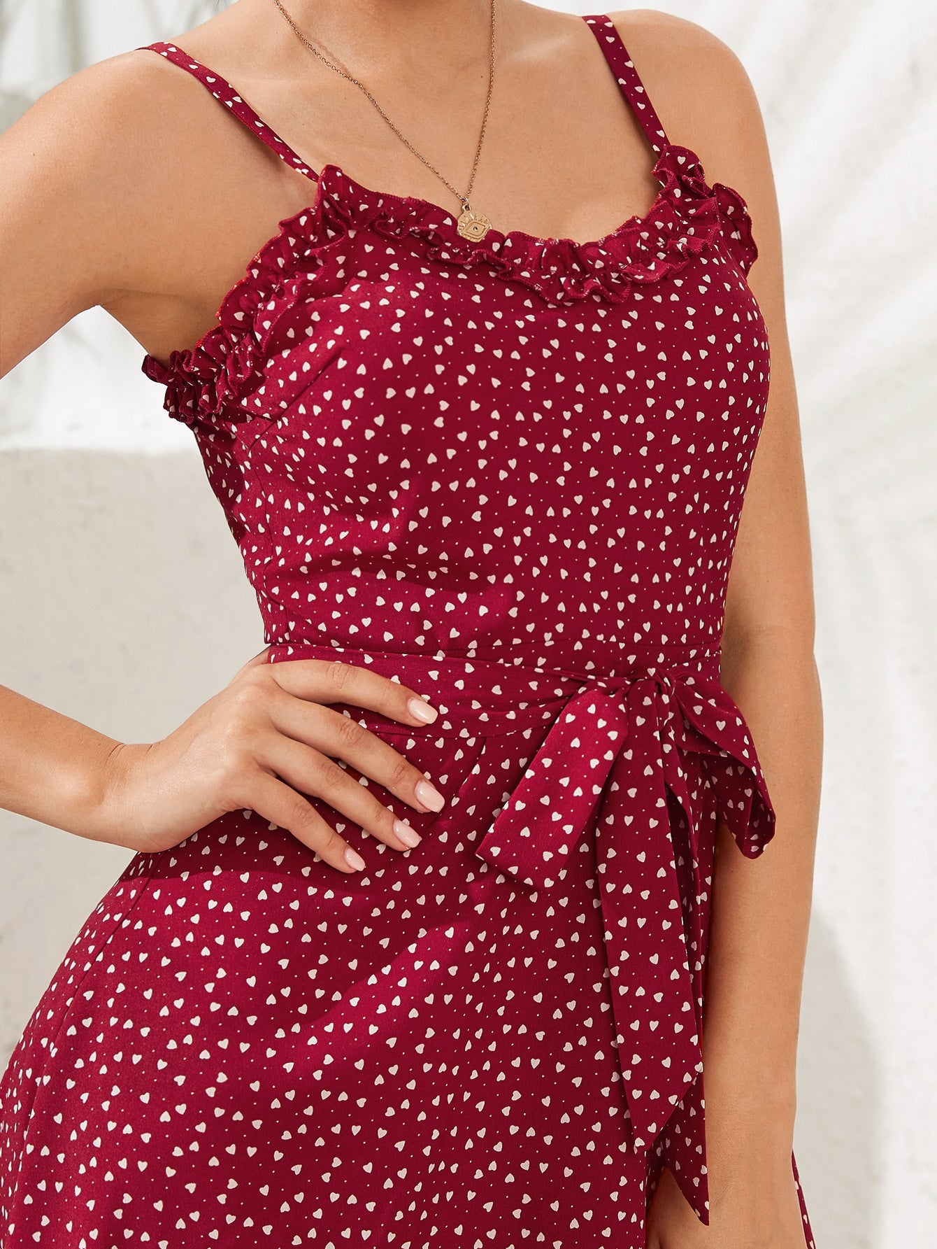 Confetti Heart Print Frill Belted Cami Dress