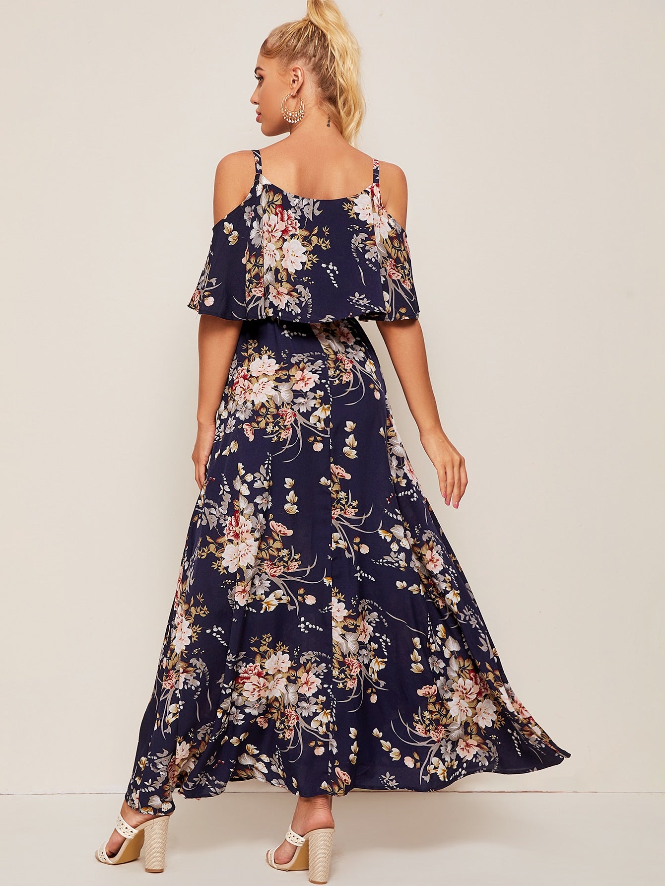 Cold Shoulder Flounce Foldover Floral Dress