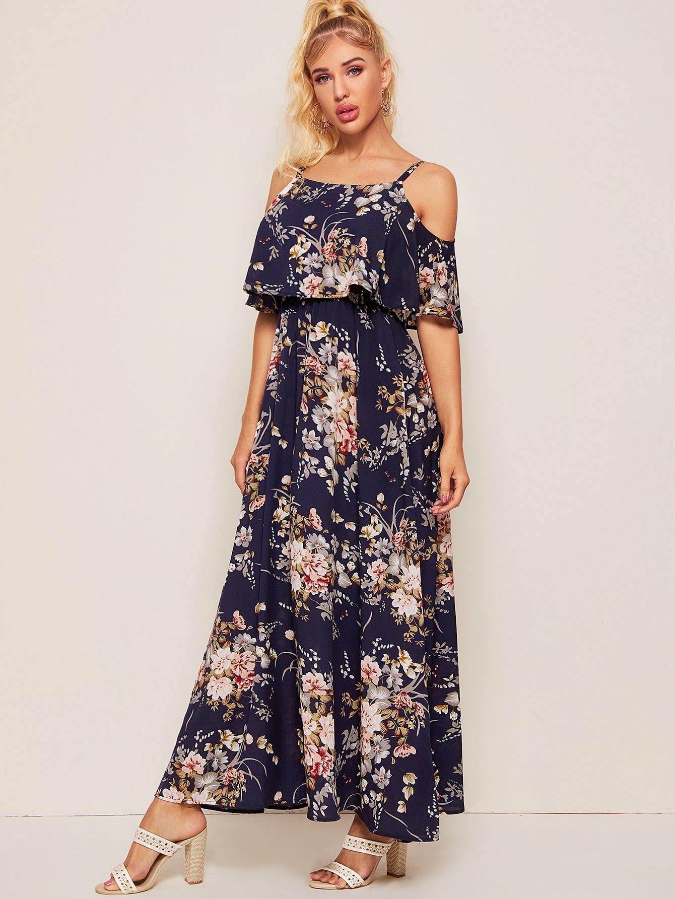 Cold Shoulder Flounce Foldover Floral Dress