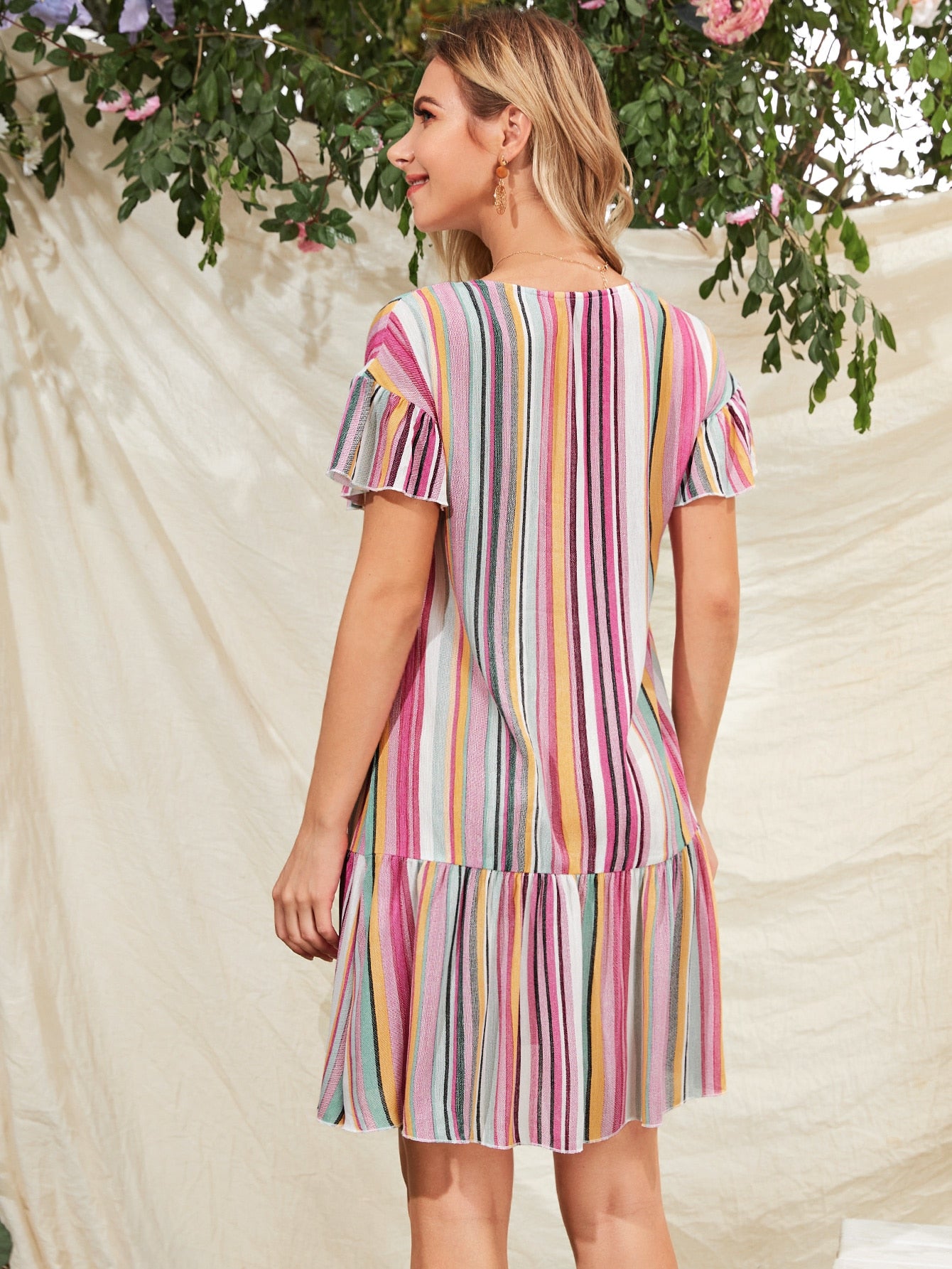 Buttoned Front Ruffle Trim Striped Smock Dress